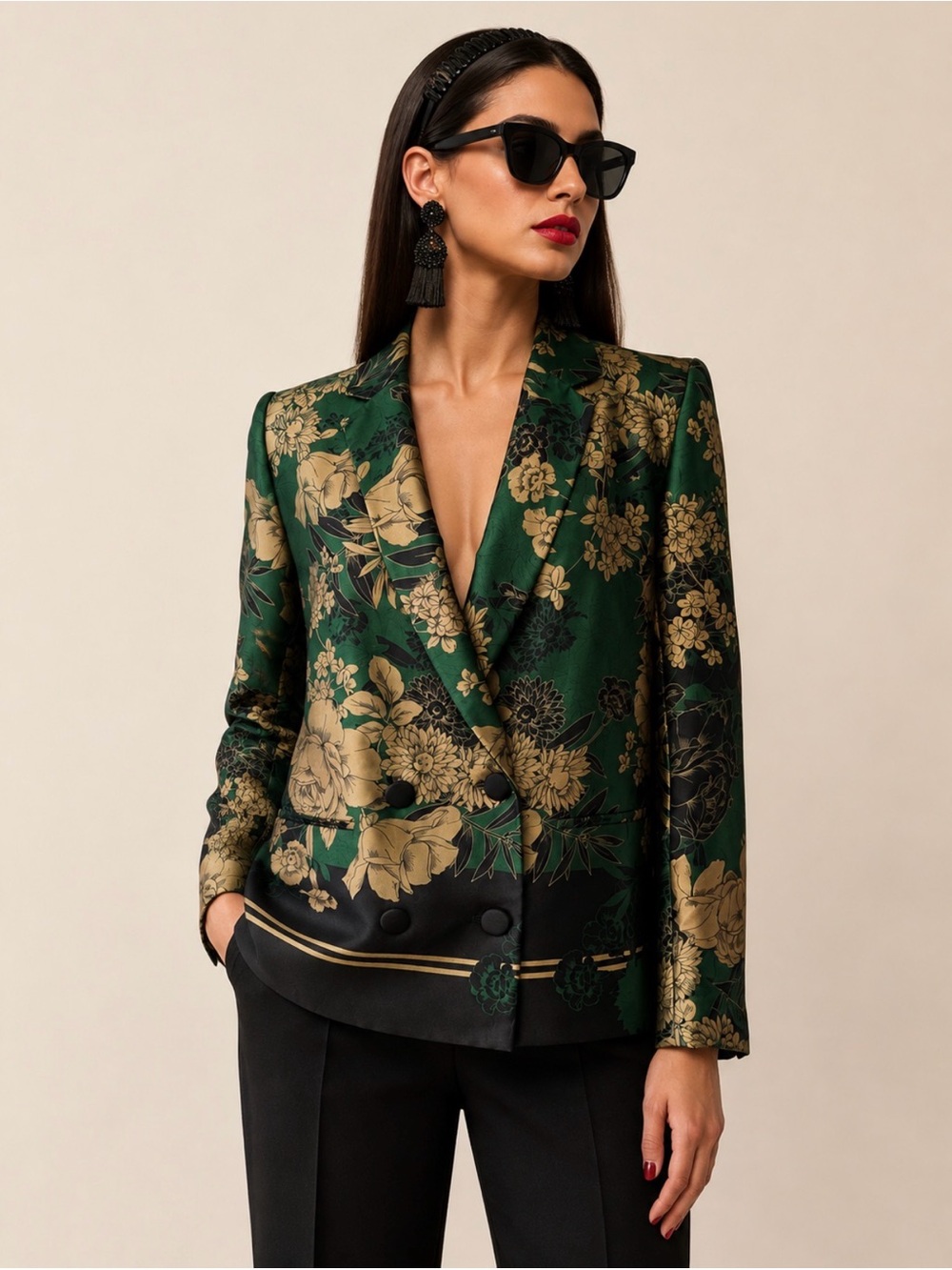 Zara Collection Emerald Green Gold Brocade Floral Blazer XS Rare